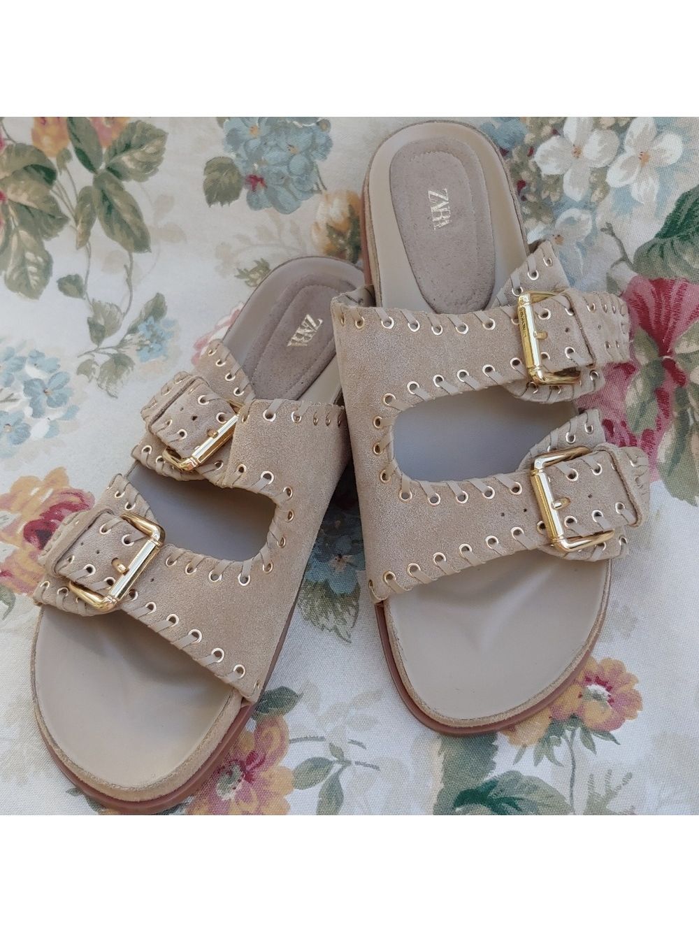 Zara Tan Suede Double Strap Slide Sandals with Gromets Women's size US 11 Euro 4 - Picture 3 of 17